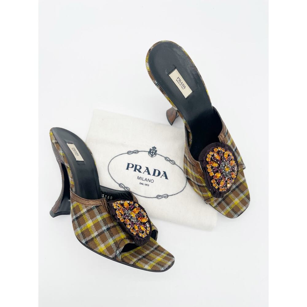 Prada Fall 2004 Runway Earth Tone Plaid Crystal Brooch Mule Heeled Sandals IT 40